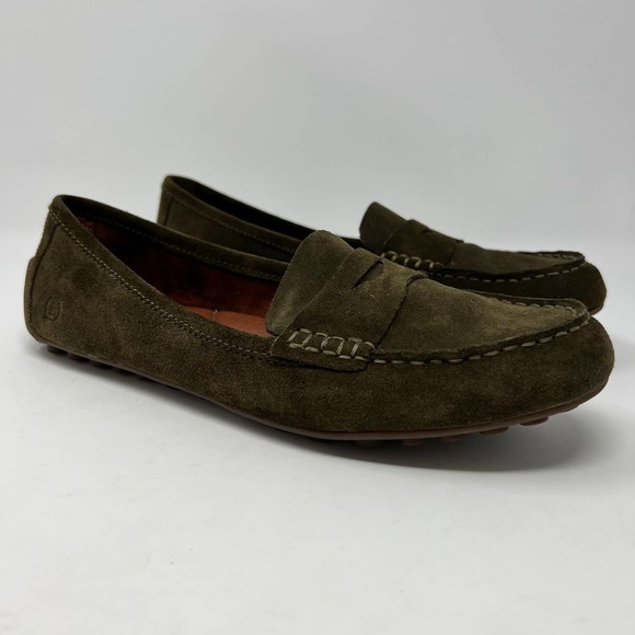 Born Shoes Born Suede Penny Loafer Driving Shoes Olive Green Womens